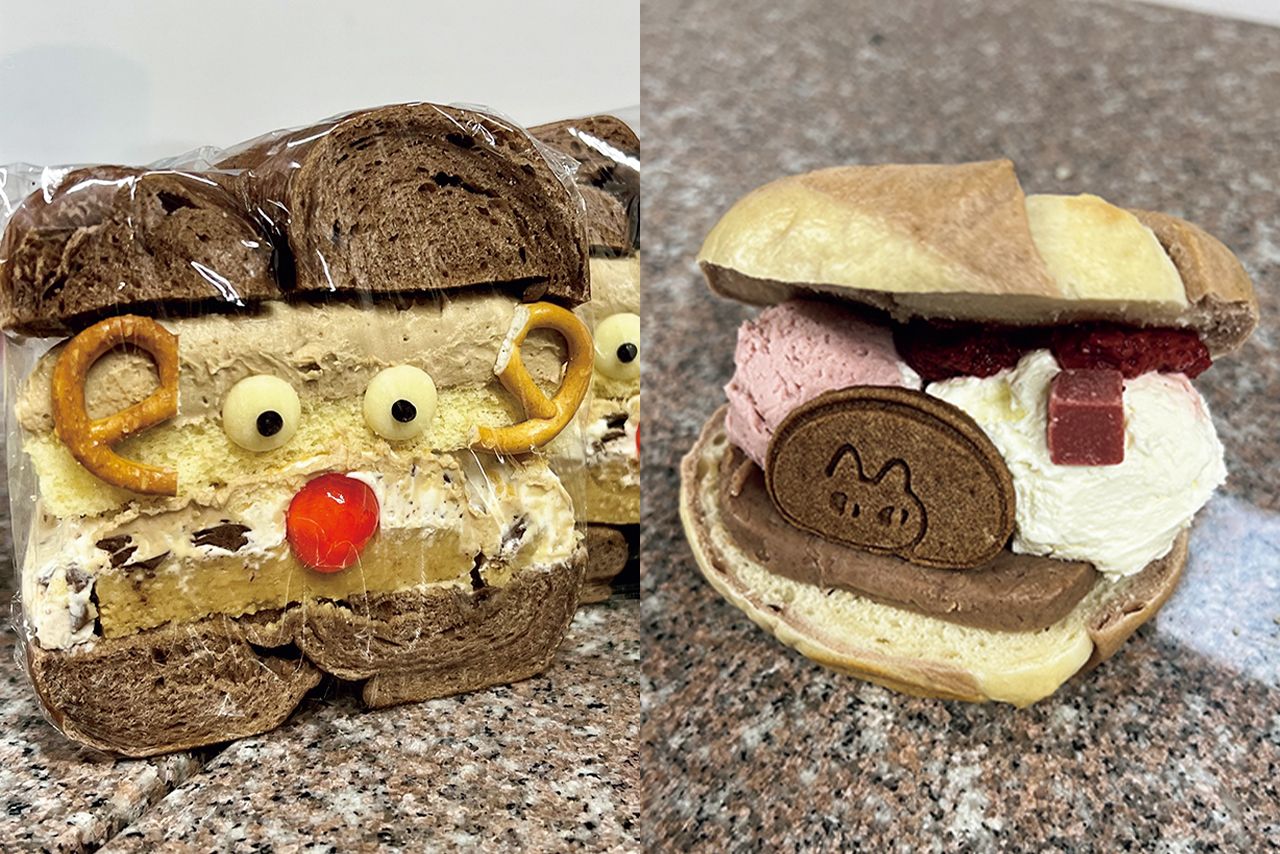 約20種類のベーグルが並ぶ。「コーヒートナカイサンド」（左）680円 と「ストロベリーティラミスサンド」（右）680円