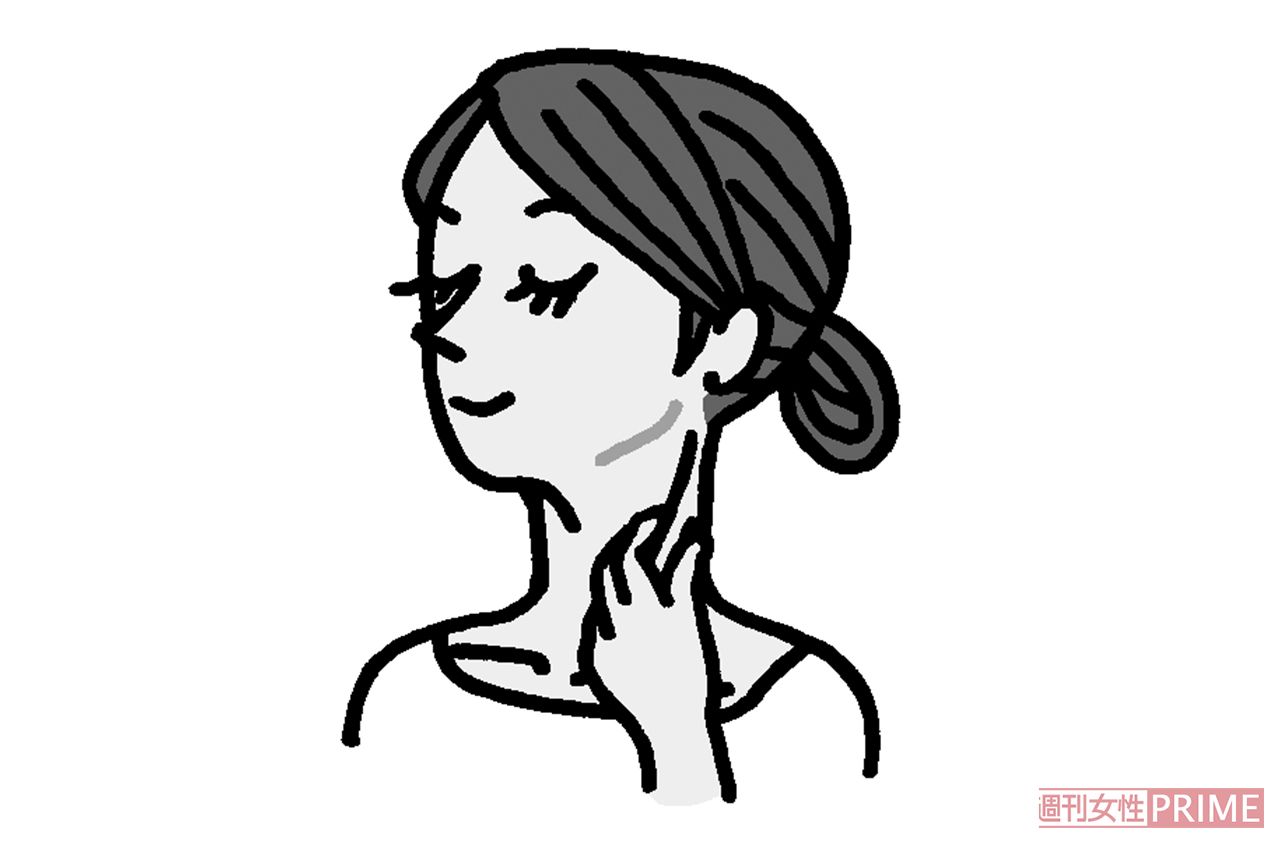 「首筋はがし」のやり方（3）優しく揺らす！左手の親指、人さし指、中指で左耳の下から胸鎖乳突筋を軽くつまみ、前後に揺らす。硬くなって首にピタリとくっついてしまっている筋肉をはがして首を解放するイメージ。　イラスト／幸内あけみ