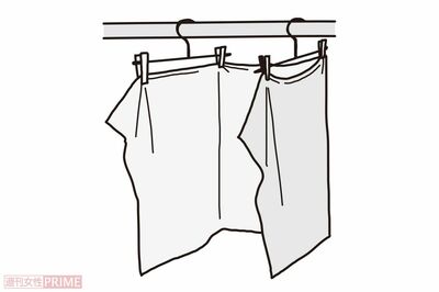 アイテム別干し方のコツ「バスタオル→コの字」（イラスト／二階堂ちはる）