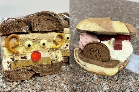 約20種類のベーグルが並ぶ。「コーヒートナカイサンド」（左）680円と「ストロベリーティラミスサンド」（右）680円