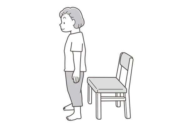 (3)　完全に立ち上がったらゆっくりと(1)の姿勢に戻る。10回を1セットとし、1日3セットを目安に行う。（イラスト/わたなべふみ）