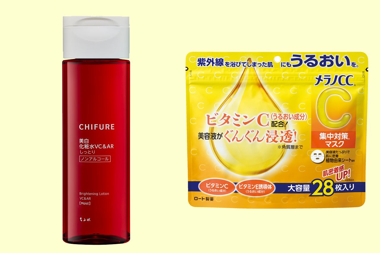 ちふれ美白化粧水VC&ARしっとりタイプ（左）、メラノCC集中対策マスク（大容量28枚入り）（右）