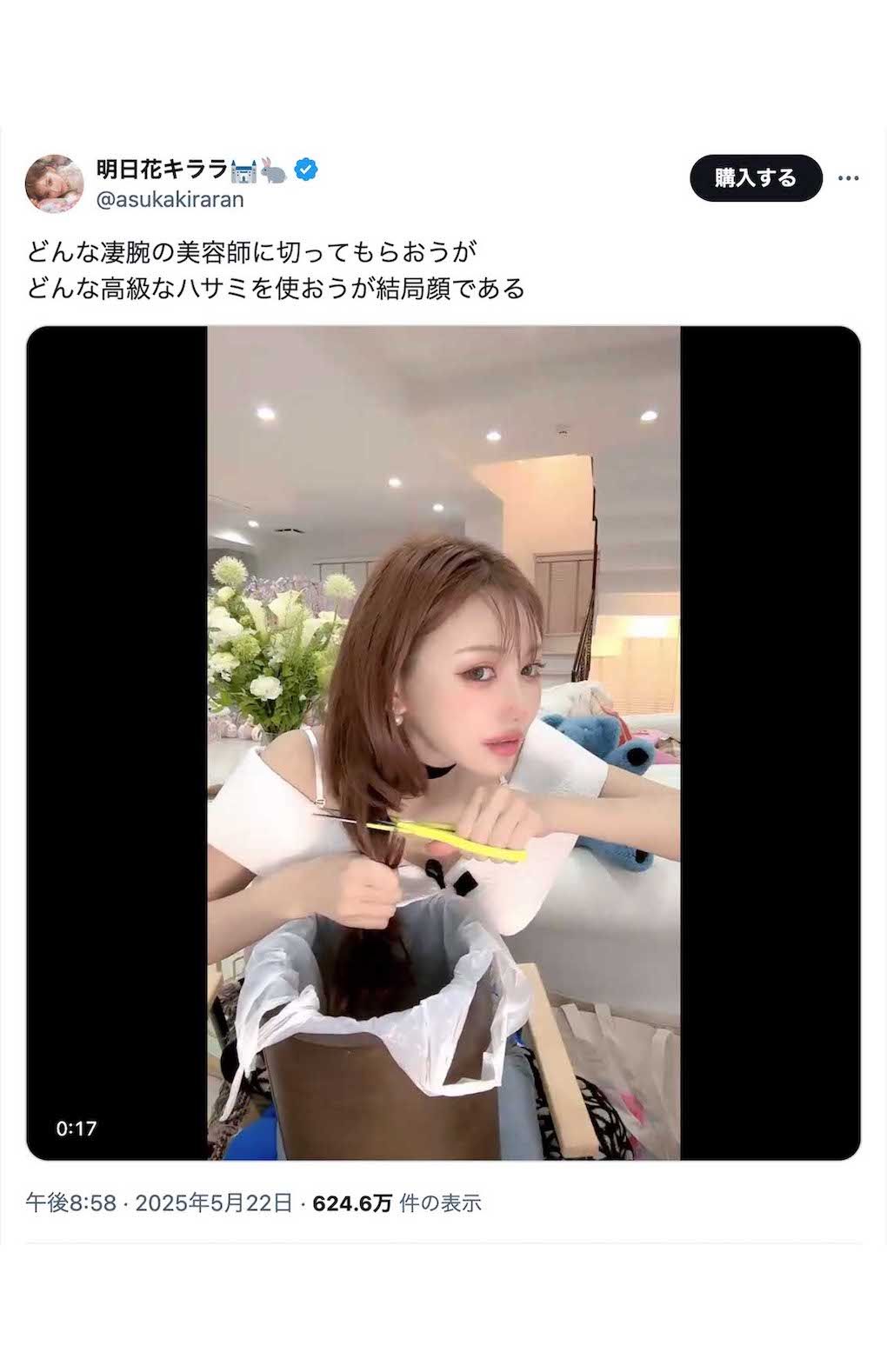 《どんな凄腕の美容師に切ってもらおうが　どんな高級なハサミを使おうが結局顔である》と投稿した元セクシー女優の明日花キララ（本人のXより）