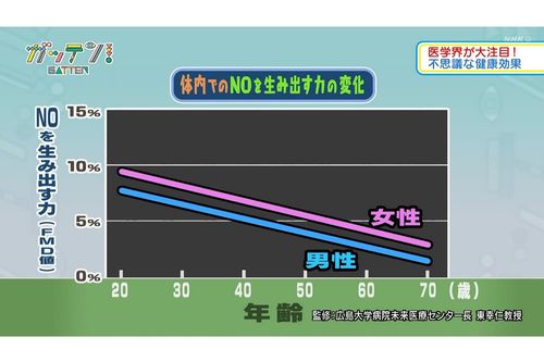 血圧を下げる一酸化窒素（NO）の産出能力は、加齢とともに減る！