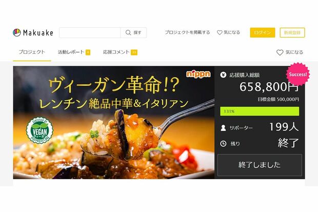 肉を使わなくても大満足のヴィーガン対応ワンプレートミールの発売を目指し、Makuakeでクラウドファンディングを行い成功した