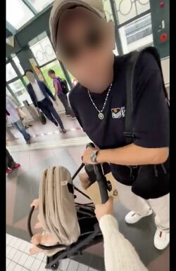 2023年、恵比寿で母子とぶつかってトラブルとなった初老男性。逆上してベビーカーを掴んでいた（ツイッターより、一部編集部加工）