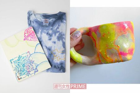 右が自身の陶芸によるカップ。左は個展開催当時の大谷の収入源として大きかった、タイダイ染めのTシャツと絵画
