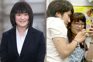 '10年4月、国際基督教大学の入学式（左）ではあどけなさが残るが、'16年10月に小室さんと電車内で顔を寄せ合う眞子さん（右）は大人びた表情に