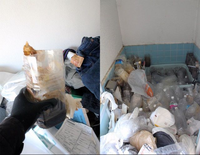 （左）これが問題の「しょんペット」。中身の濁り具合が何ともいえない不気味さ／（右）ゴミとしょんペット置き場と化した湯船。もちろん、詰まっていて入れない