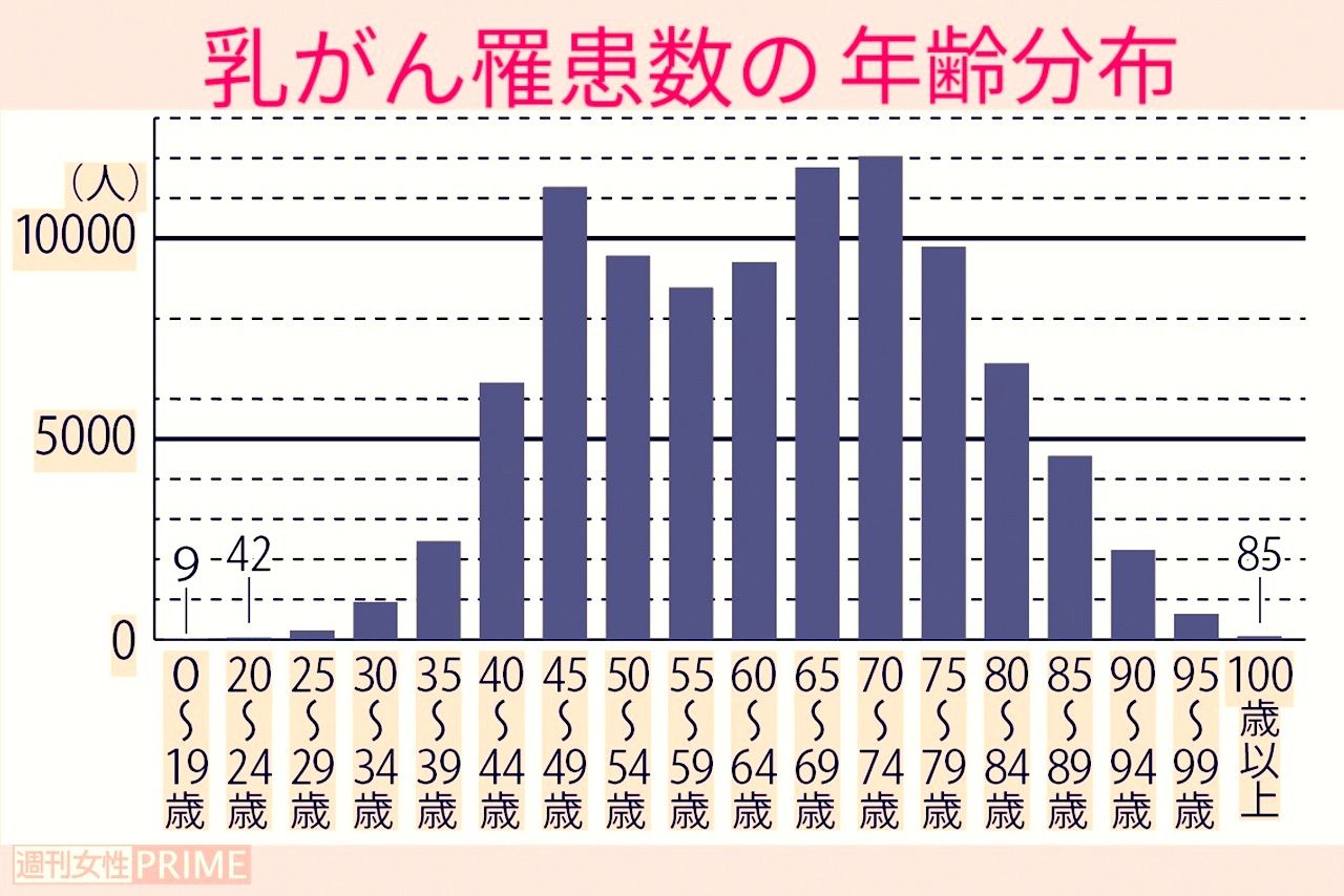 2019年に乳がんと診断された患者数〈全国がん登録罹患データ（厚生労働省）より作成〉