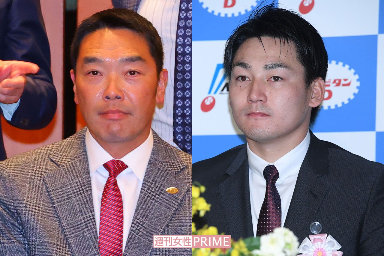 読売ジャイアンツの阿部慎之助監督（左）と丸佳浩選手