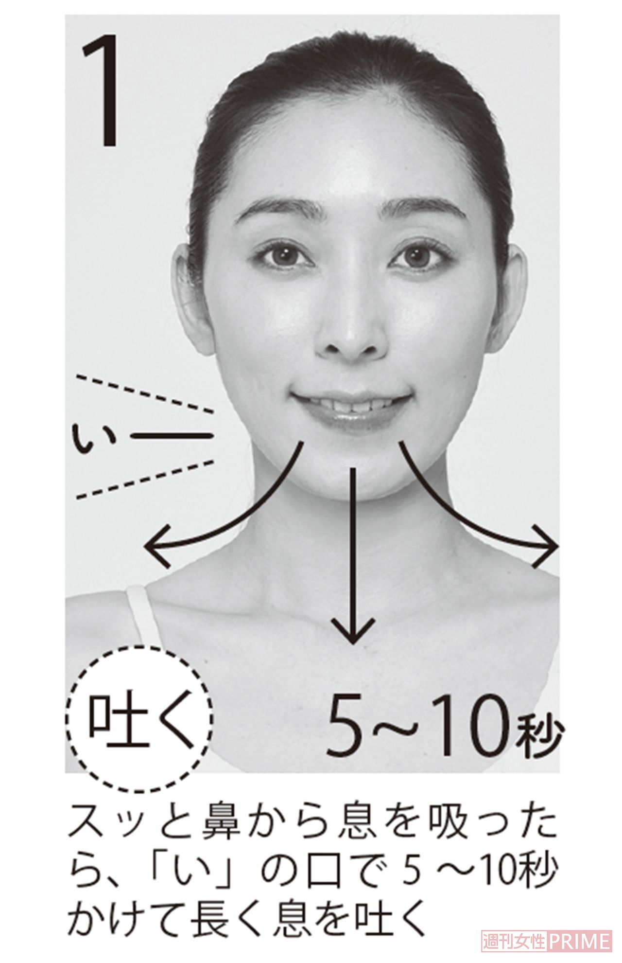 1.スッと鼻から息を吸ったら、「い」の口で5～10秒かけて長く息を吐く　撮影／岩谷優一（vale.）
