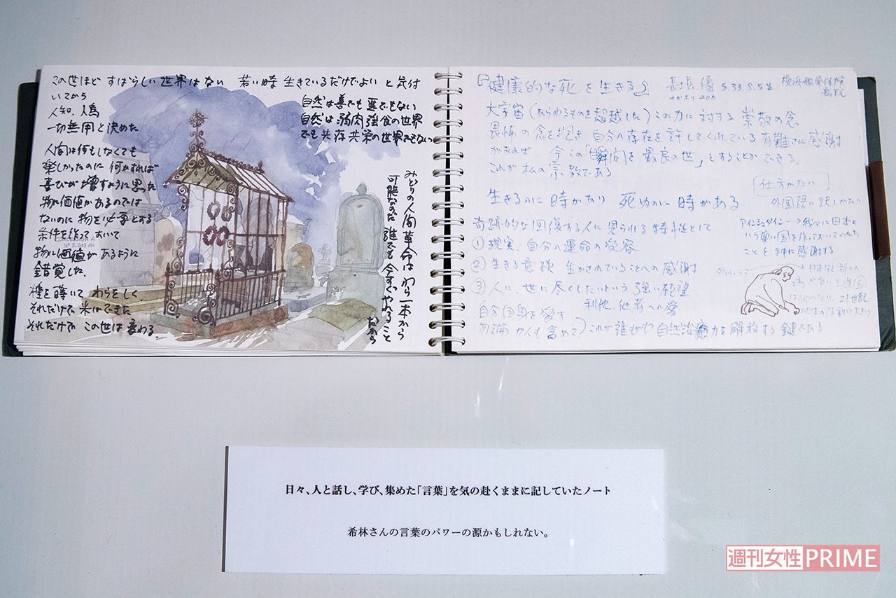 日々、人と話し、学び集めた言葉を気のおもむくままに記していたノートのほか、高校時代に描いた油絵なども展示　撮影／齋藤周造