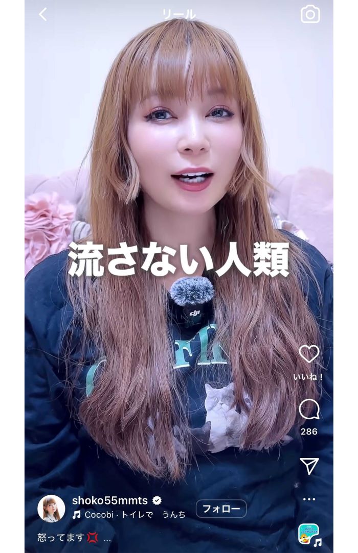 「トイレを流さない人」に文句を述べた中川翔子（本人インスタグラムより）