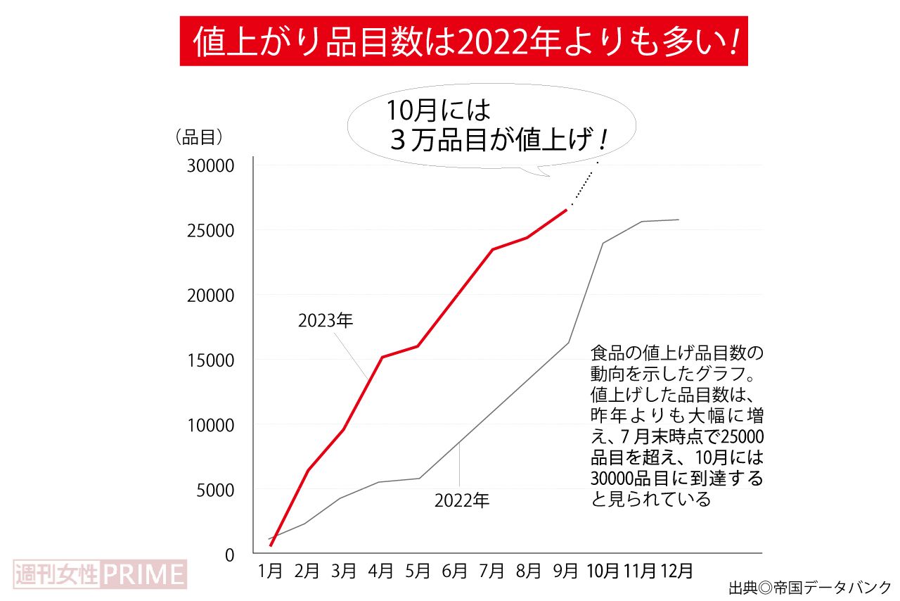 値上がり品目数は2022年よりも多い！出典：帝国データバンク