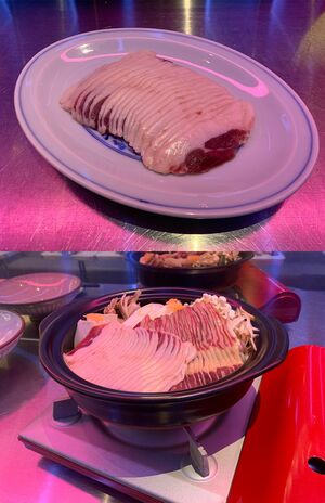 ジビエ居酒屋『米とサーカス』で提供しているアライグマ肉（上）。店ではすき味噌鍋で提供している