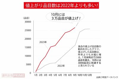 値上がり品目数は2022年よりも多い！出典：帝国データバンク