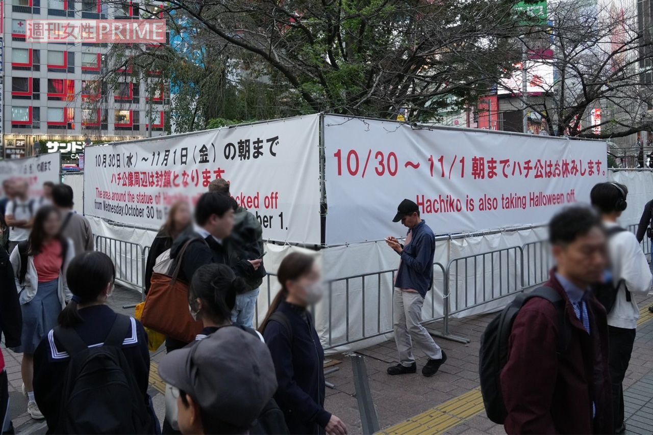 2024年10月31日のハロウィン、シートで覆われた渋谷のシンボル・ハチ公像