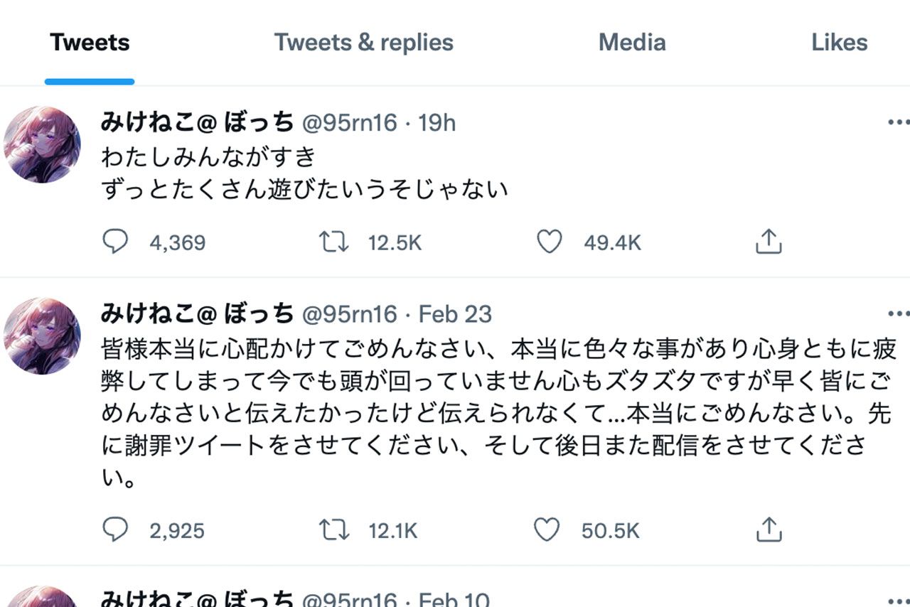 潤羽るしあの“中の人”だと噂される「みけねこ」のTwitterより