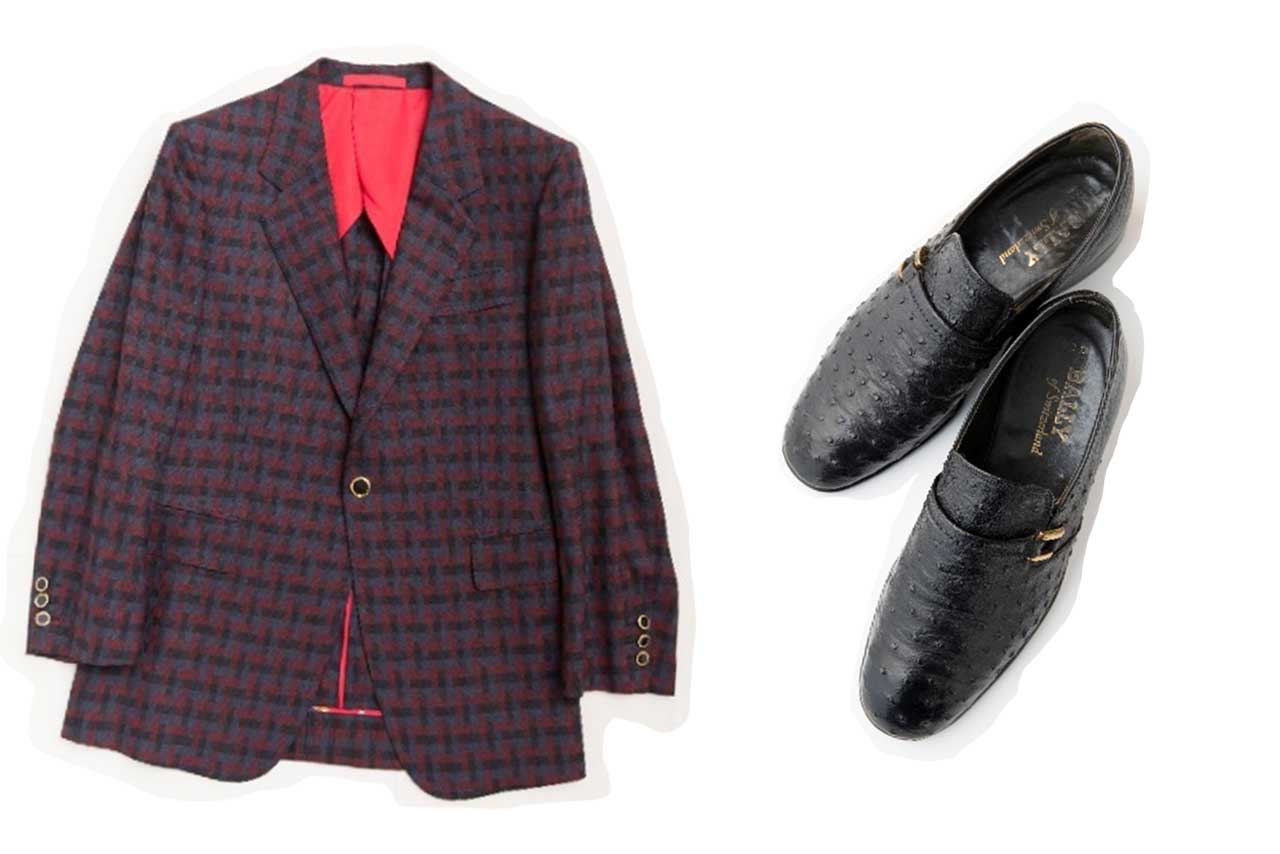 裏地にまでこだわった愛用の一着（左）と、こだわりぬいた靴のコレクションから（右）。そのほか、プライベートで着用したスーツなども展示し、彼のおしゃれのこだわりなども解き明かす　写真提供／日活、石原プロモーション