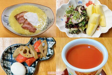 《ある日の朝食メニュー》じゃがいもと長ねぎのスープ（ベーコンとヨーグルトのせ）、鮭とレンコン焼き、ご飯、サラダ、ゆで卵、りんご、トマトジュース（レモン汁を加える）