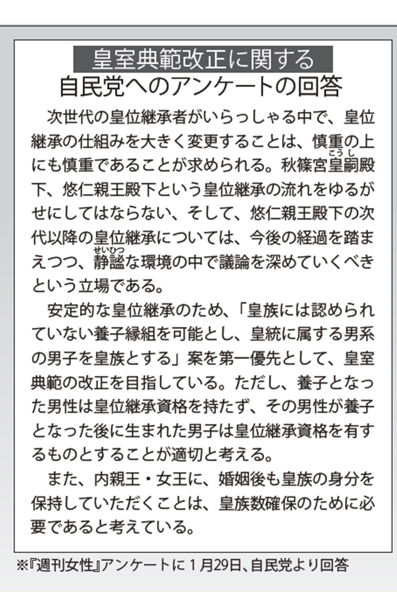 「皇室典範改正に関する」自民党からのアンケートの回答（『週刊女性』に1月29日、自民党より回答）