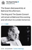 イギリス王室は公式ツイッターでエリザベス女王の死去を公表した