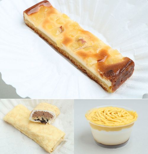 上／さつまいも、りんごをふんだんに使用。『おいもとりんごのチーズケーキ』（10月10日発売）220円。左下／リッチな生チョコの風味に新しい食感が魅力。『生チョコクレープ（ザクチョコ）』250円。右下／甘すぎない自然な味。『かぼちゃのプリンモンブラン』（10月3日発売）250円（すべてデイリーヤマザキ）