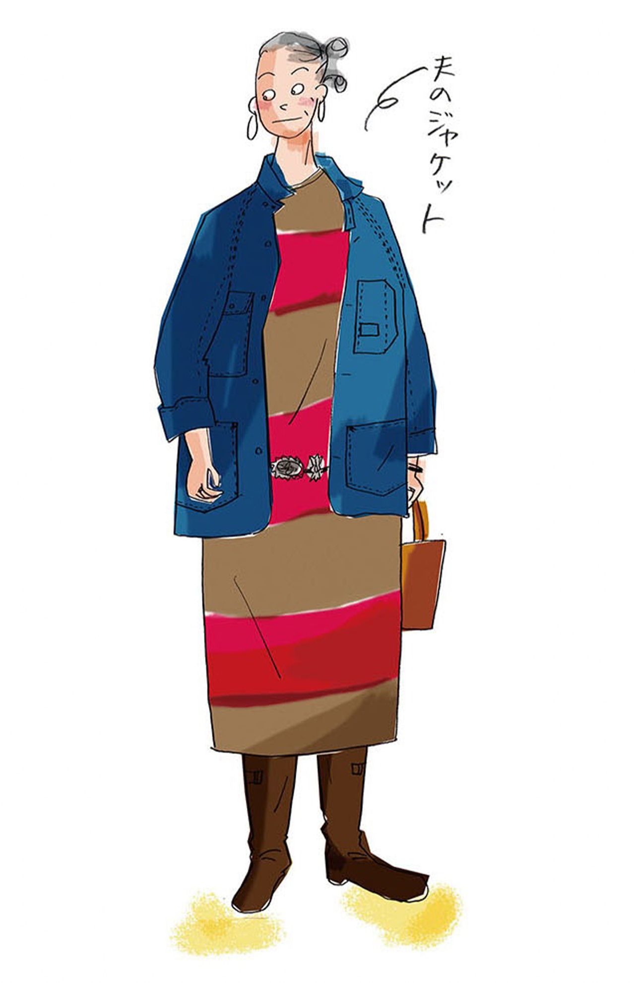 大胆な茶と赤の極太ボーダーワンピースに、夫の紺のジャケットと時計を合わせて、ちょっとメンズライクに　書籍『ワクワクする！67歳からのはじめての一人暮らし』（幻冬舎）より