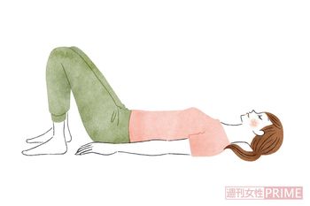 （1）あおむけになってひざを立て、足を骨盤幅程度に開き、手のひらを床につけてお尻を持ち上げる。　イラスト／中村奈々子