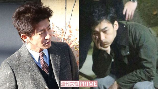 (左)余裕なのか、木村は終始穏やかな雰囲気で撮影に臨んでいた  (右)撮影の合間にくつろぐ草なぎ。共演者やスタッフとの会話もなかった