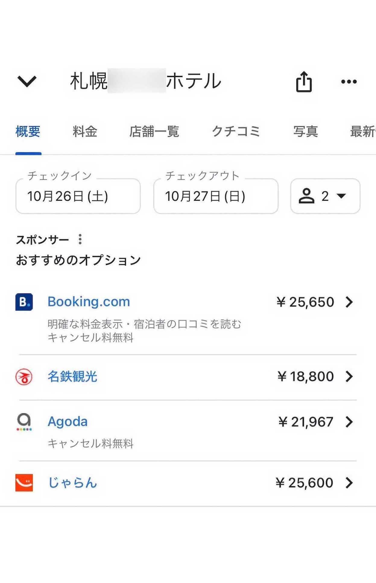 11月9日〜10日に高騰しているあるホテルは、前々週の時点ではこの値段（検索サイトより）