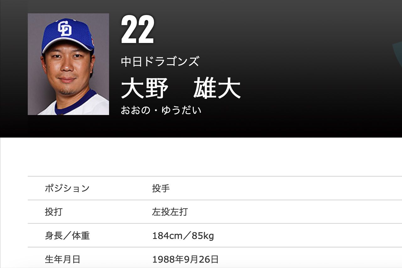 中日ドラゴンズ・大野雄大投手（公式HPより）