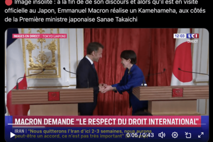 マクロン大統領とかめはめ波を交わす高市首相（フランスのニュース専門テレビ局『LCI』のXより）