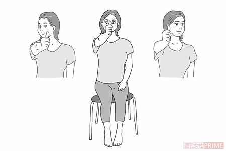 寝返り体操でめまいナシの人に【顔を左右上下】に動かす体操　イラスト／赤松かおり