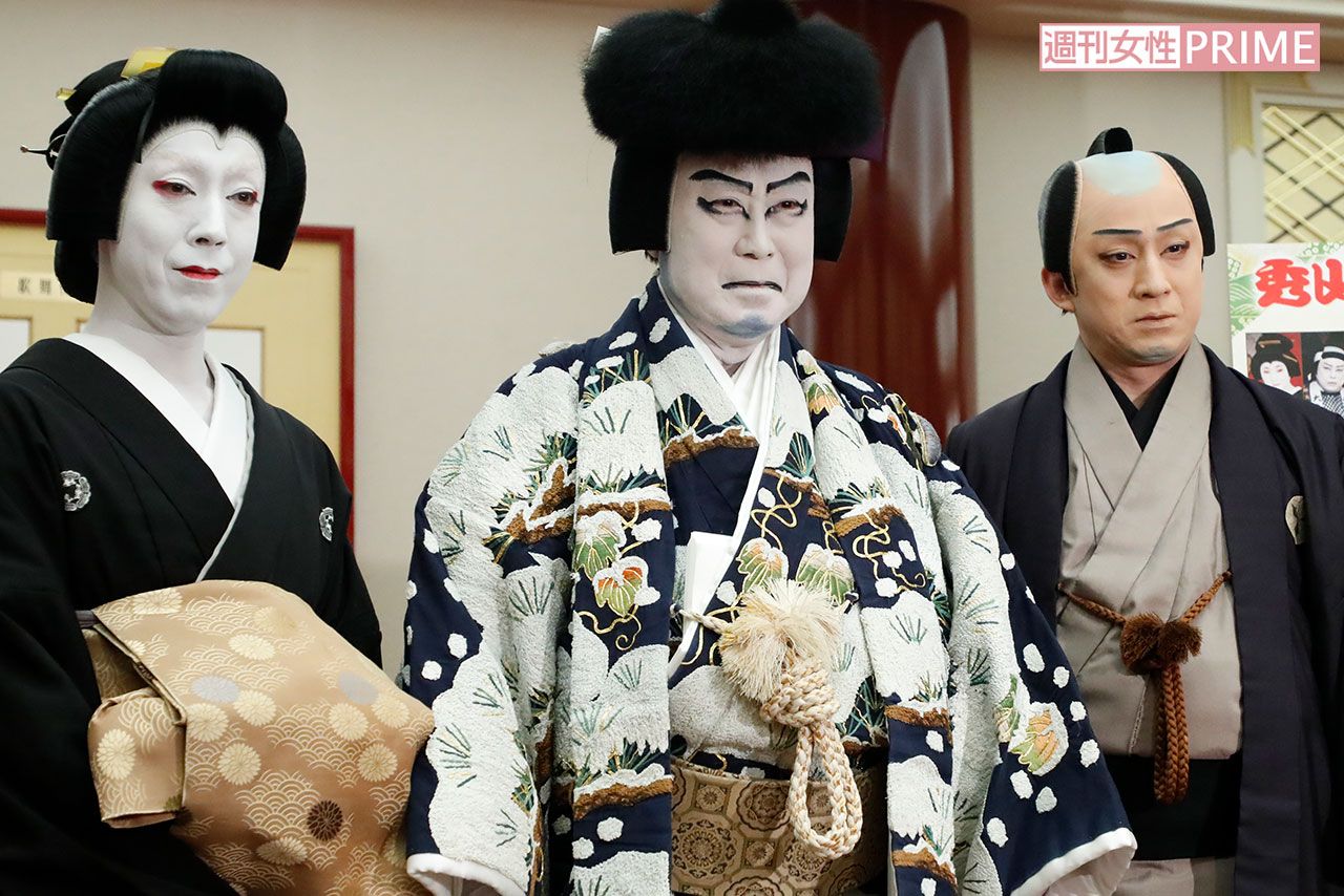 '18年に行われた秀山祭の囲み会見。左から尾上菊之助、中村吉右衛門、松本幸四郎と親族共演が実現した