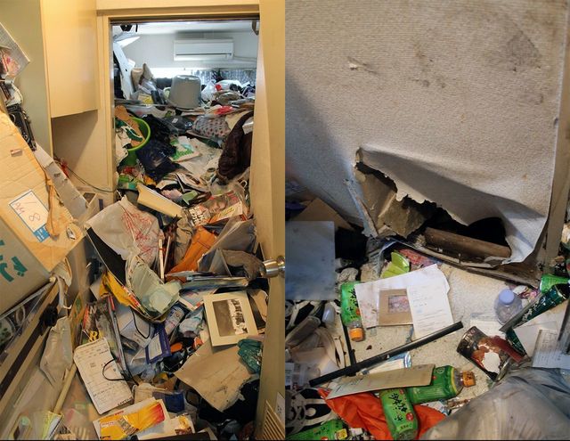 （左）あまりにも壮絶なゴミの量／（右）ドンとあいた壁の穴。ゴミの圧力でここまで大きな穴があくとは!