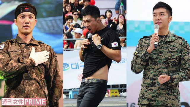 超新星ゴニル（左）は、ダンスコンテストに部隊の仲間と出場し見事優勝！　今年2月に入隊したイ・スンギ（右）は、優秀な兵士が配属される特戦司令部所属。司会のほか歌でも大活躍。1日2〜3回の公演の中ではユンホ腹筋チラ見せパフォーマンスも☆（中央）