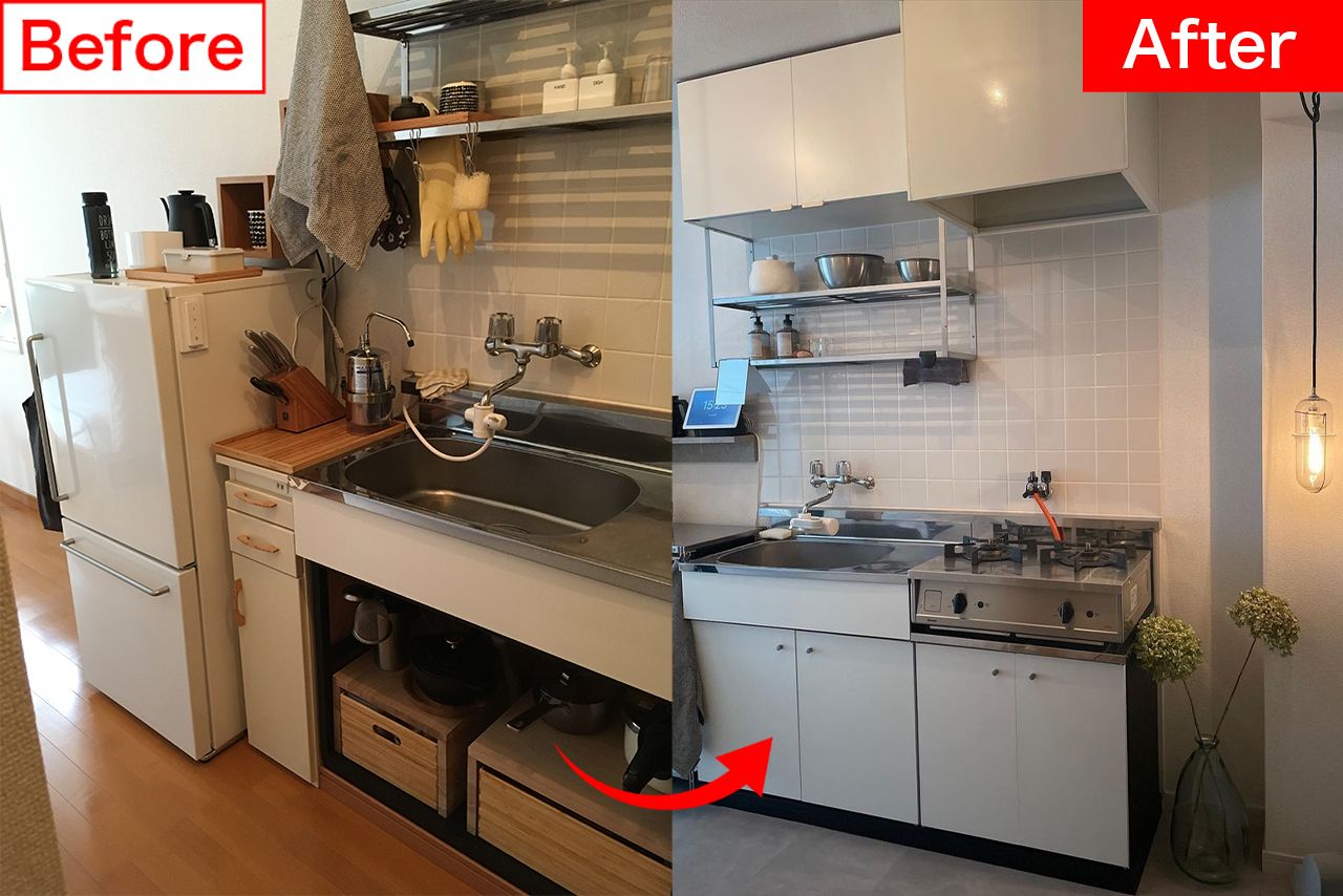 見せる収納を楽しんでいたが、色も物も最小限に。つり棚には半分以上、物を置かずスッキリと。掃除もすぐに終わる