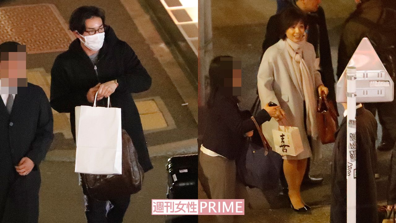 ドラマの打ち上げでの一枚。左はスーツケースを持参した大谷亮平、右はお土産を片手に会場入りする榊原郁恵