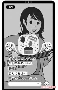 投げ銭のイメージ図　投げ銭をすると画面上にこういったアニメーションが。派手なものほど高額。　イラスト／かべともえ