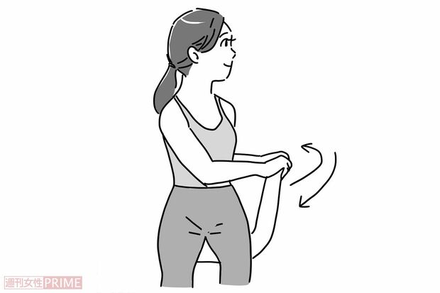 上半身ひねりのポーズ（イラスト／赤松かおり）