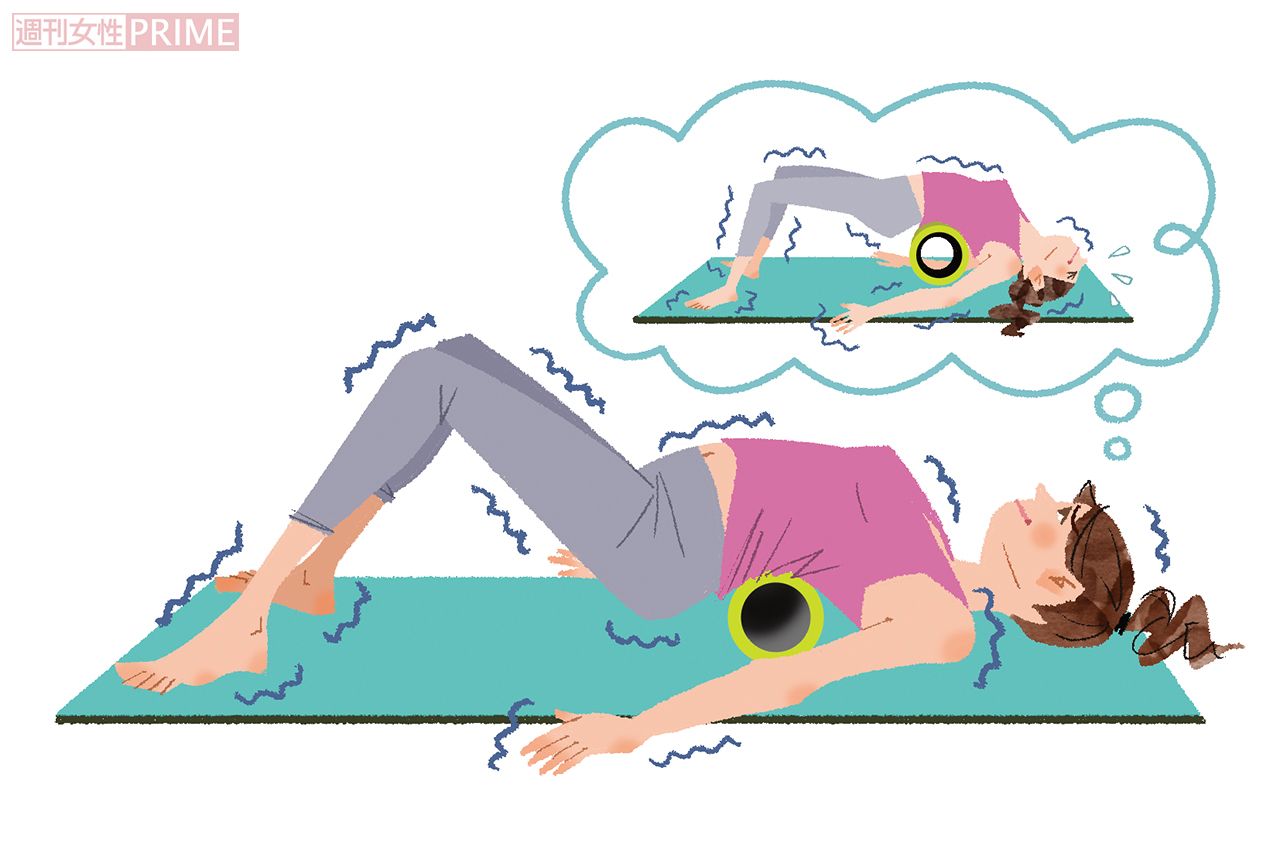 Q.お尻をムリにつけようとすると首が反りすぎて痛みます！イラスト／原裕子