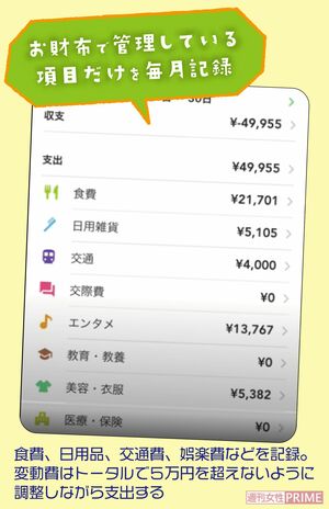 お財布で管理している項目だけを毎月記録し、変動費はトータルで５万円を超えないように調整しながら支出する