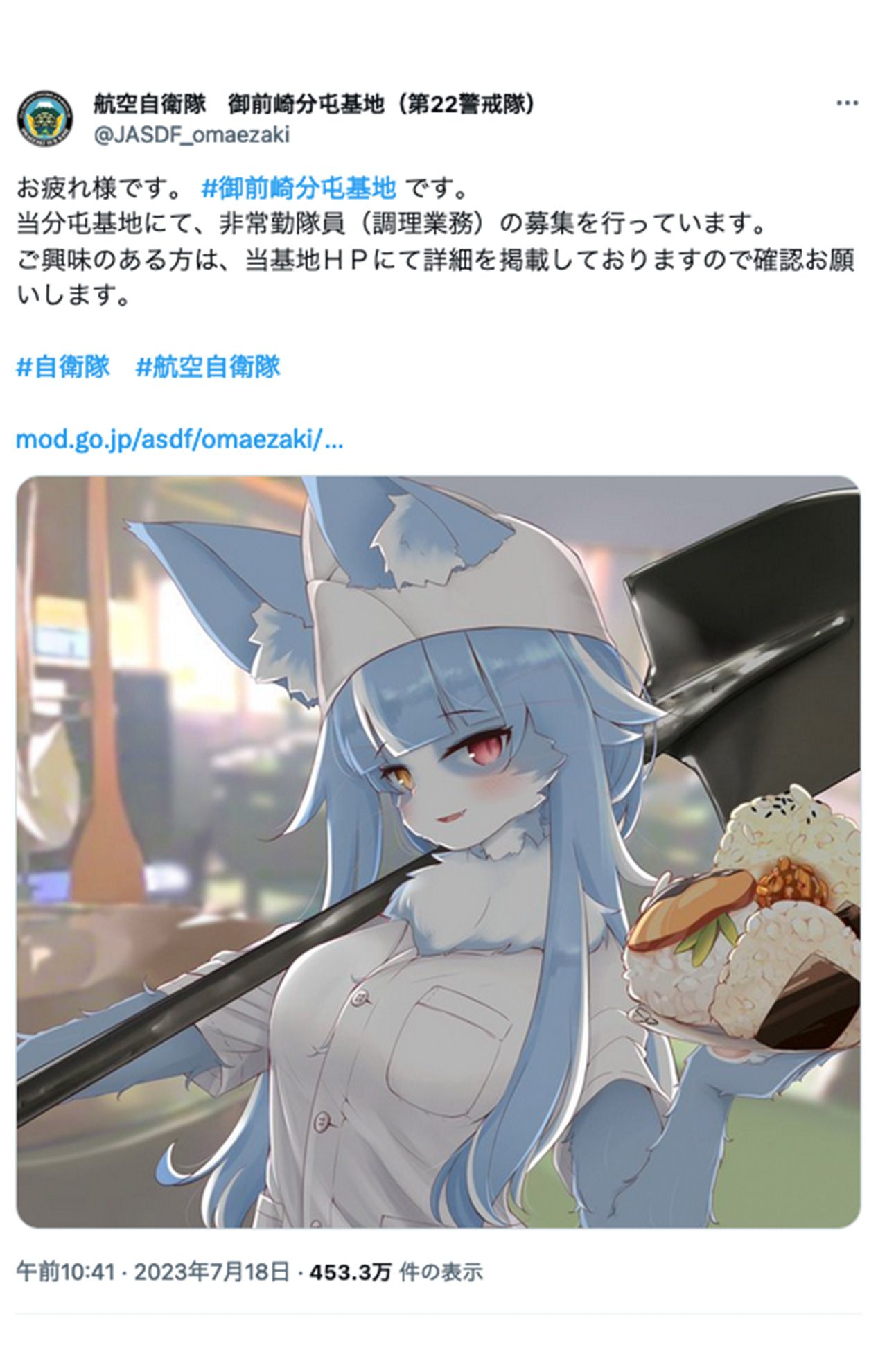 航空自衛隊御前崎分屯基地の公式キャラクター『おまねこ』、オスの設定だというが（公式Xより）