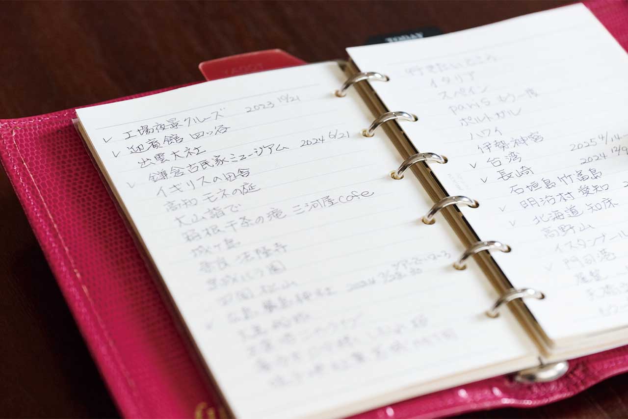 コロナ禍、旅を自粛していたときに書き始めた「行きたいところリスト」。いつかは……と思うと夢が広がる。写真/林ひろし（『60代から夢をかなえる　ひとり旅』/すばる舎　より）