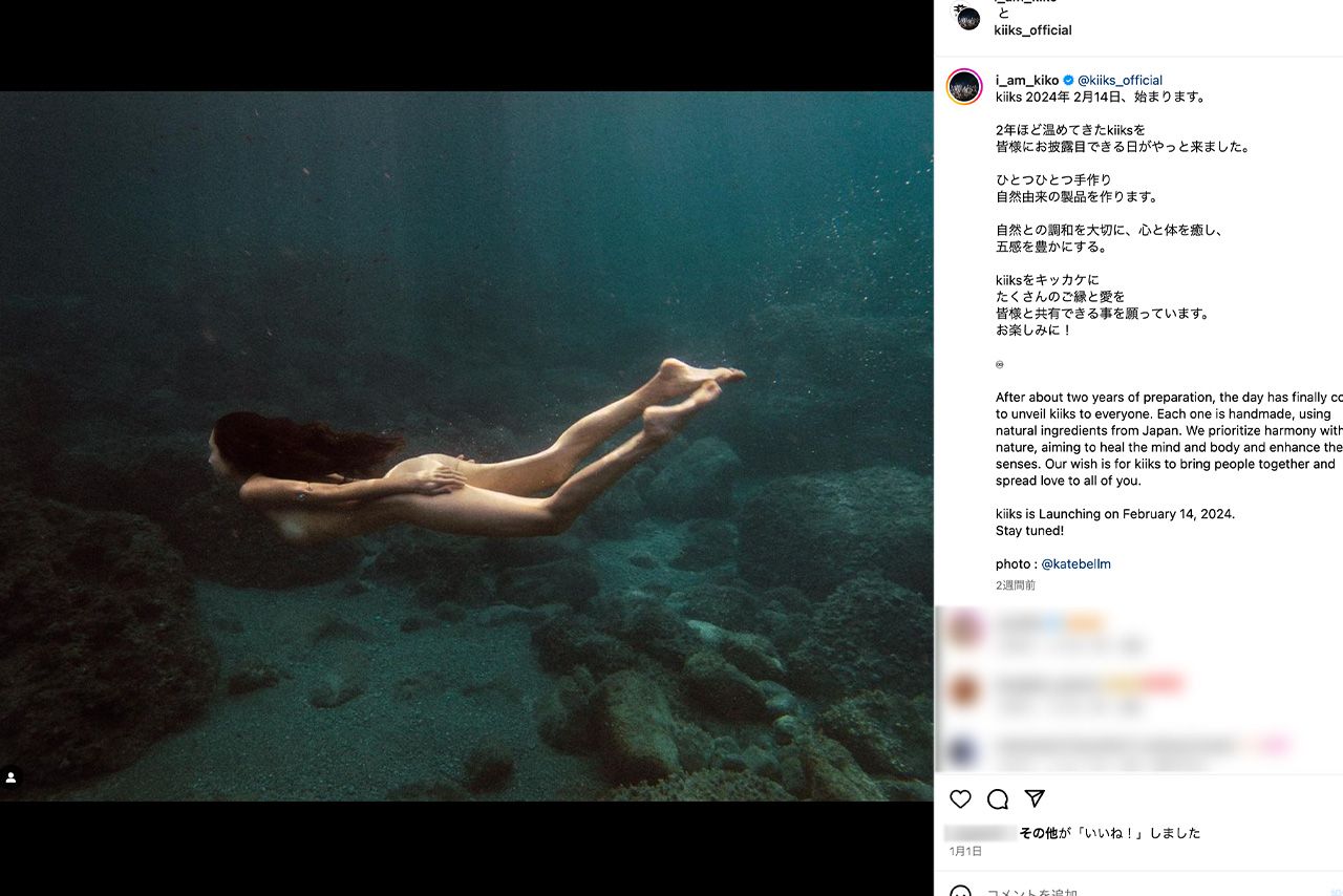海中を全裸で泳いでいるように見える水原希子（公式インスタグラムより）
