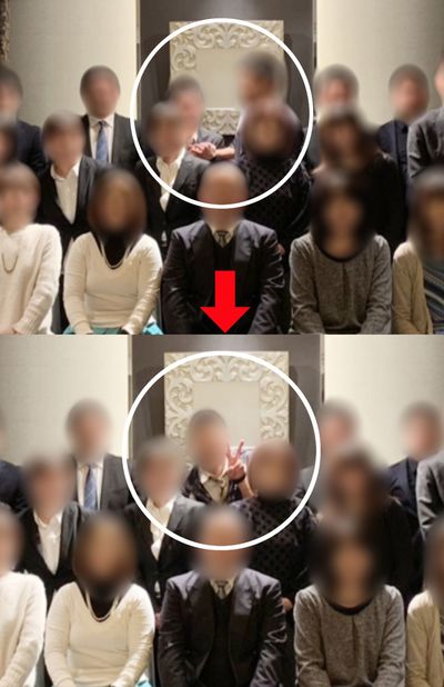 丸印内がＸ教員（左）と加害教員。上下の写真は連続しており、上の写真では加害教員がＸ教員の胸倉をつかんでおり、下の写真では加害教員はＸ教員が映らないように頭を押さえつけており、満面の笑みでピースサインまで
