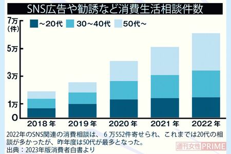 2022年のSNS関連の消費相談は、6万552件寄せられ、これまでは20代の相談が多かったが、昨年度は50代が最多となった。出典：2023年版消費者白書より