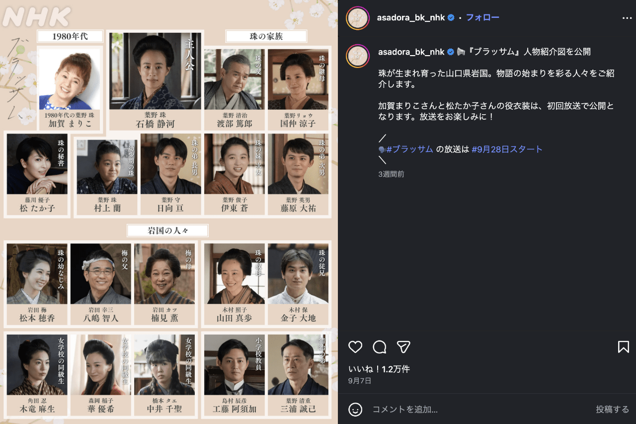 人物紹介図（朝ドラ「ブラッサム」公式インスタグラムより）